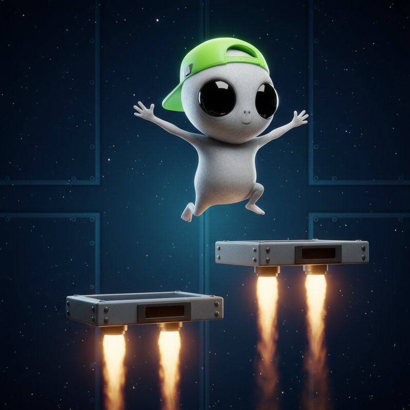 Jumper slot game featuring cartoon alien character with green baseball cap standing on floating metallic platforms with rocket flames in dark space environment