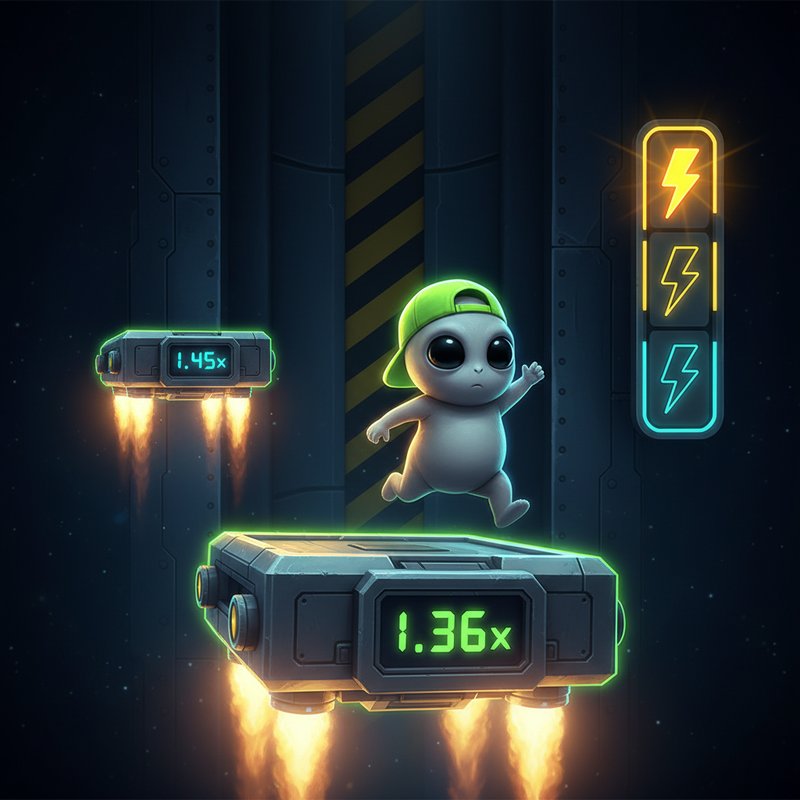 Jumper demo mode showing the grey alien character on industrial metal platforms with rocket flames, displaying cyan multipliers and the yellow cashout button in free play